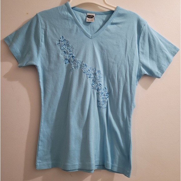Vintage Rainforest Cafe Souvineer Blue Floral Embroidered Juniors XL T-Shirt - Picture 1 of 5